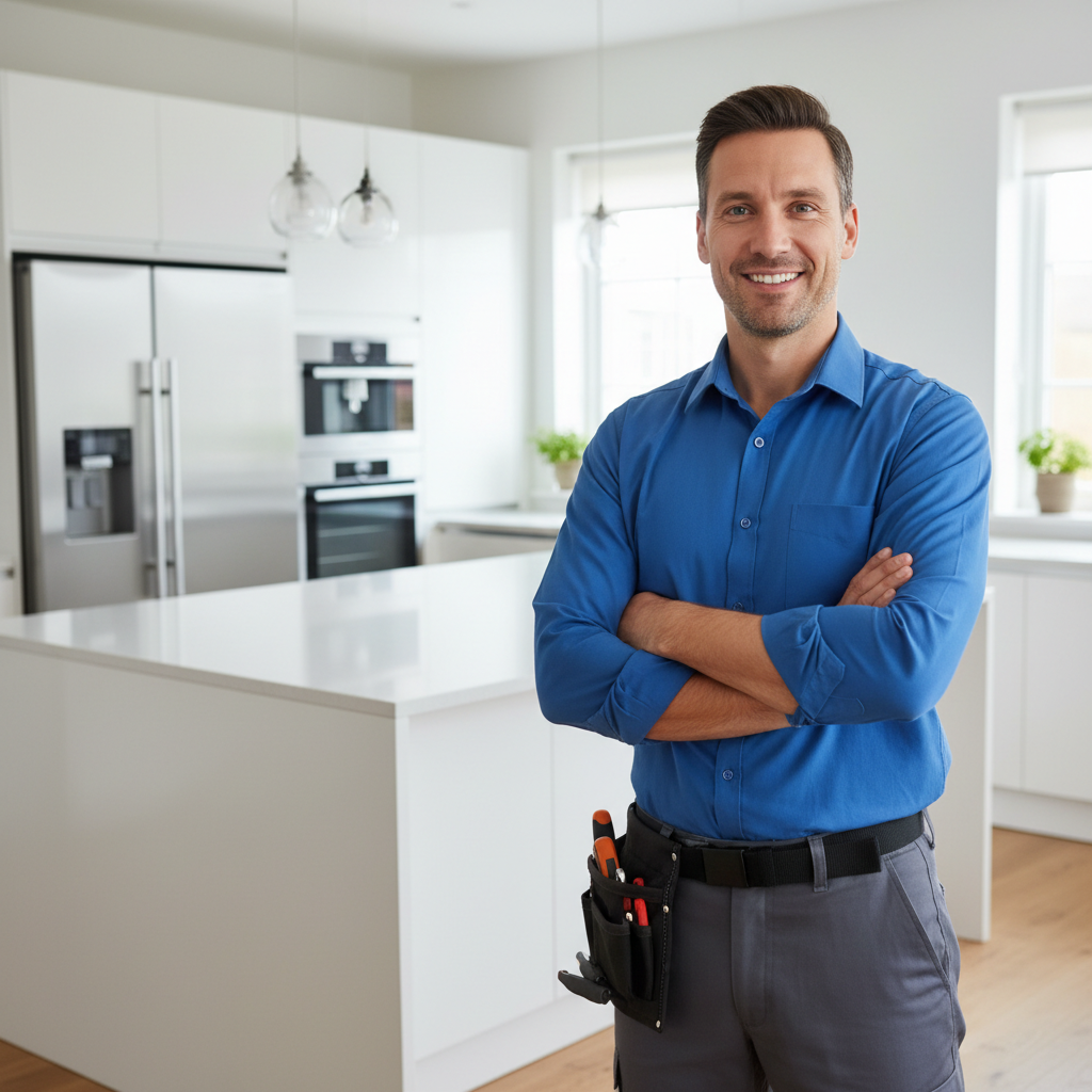 Smiling appliance repair technician in a modern kitchen