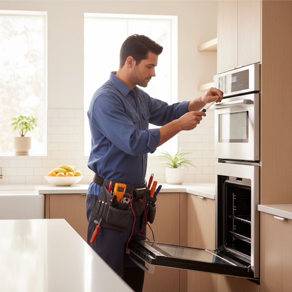 Technician repairing a built-in oven